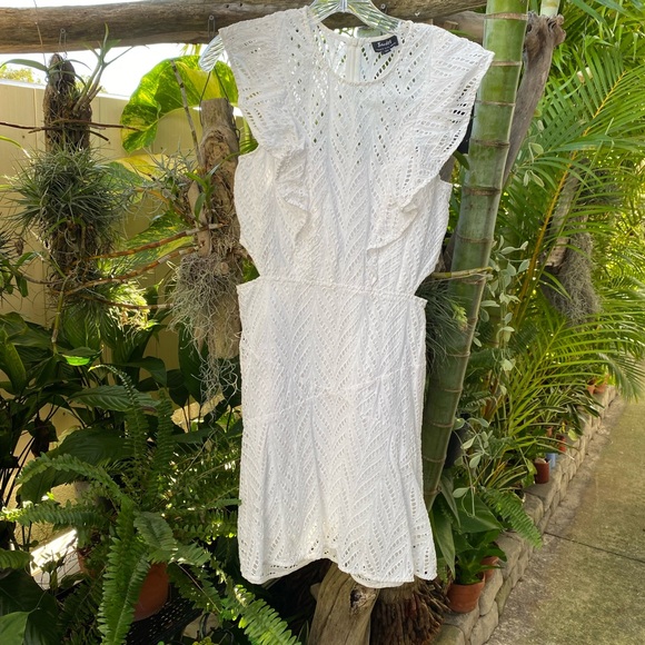 Bardot Beautiful White Eyelet Lace Dress With Peek-A-Boo Cut Outs On Sides - Picture 1 of 8
